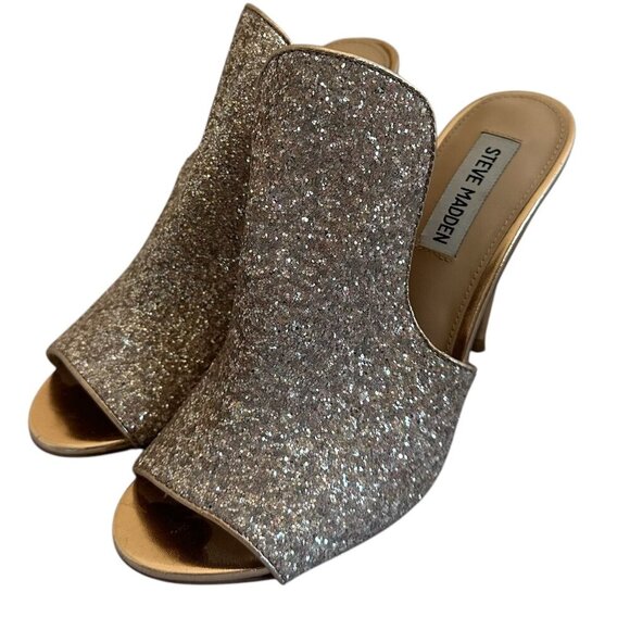 Steve Madden Sinful Pink Glitter Heels Open Toe Sandals Slides Size 7.5 Women's - Picture 1 of 10